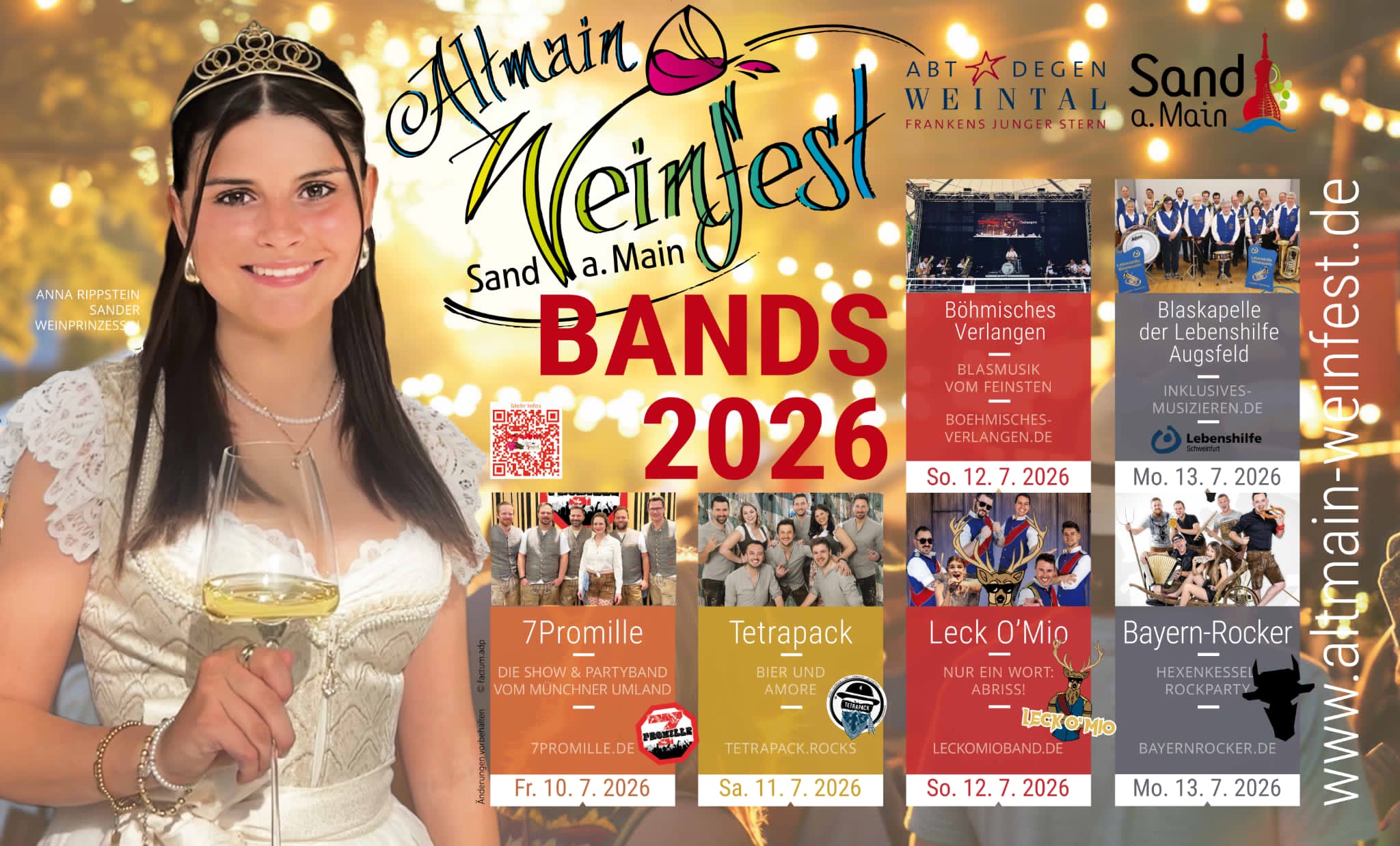 Programm 2026: 10.7. 7Promille; 11.7. Tetrapack, 12.7.Böhmisches Verlangen sowie Leck O'Mio, 13.7. Blaskapelle Lebenshilfe Augsfeld sowie Bayern-Rocker